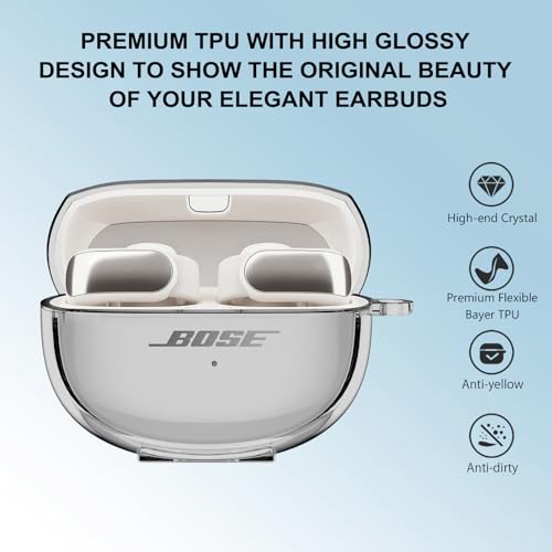 Aircawin for Bose Ultra Open Earbuds Case Clear 2024,Full Protective Shockproof Soft Transparent TPU Cover for Bose Open Ear Wireless Earbud Headphone Accessories with Carabiner and Cleaning Pen-Black - color: Clear Black