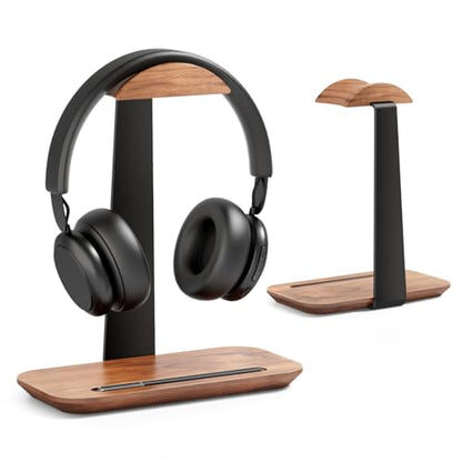UPERGO Walnut 헤드폰 스탠드, 책상용 우드 헤드셋 스탠드, 게임, 에어팟 맥스, 보스, 레이저용 보관 베이스가 있는 범용 헤드폰 홀더 | 단단한 월넛 및 알루미늄, 미끄럼 방지 베이스, 게이밍 헤드셋 및 에어팟 맥스용 범용, 추가 보관 트레이