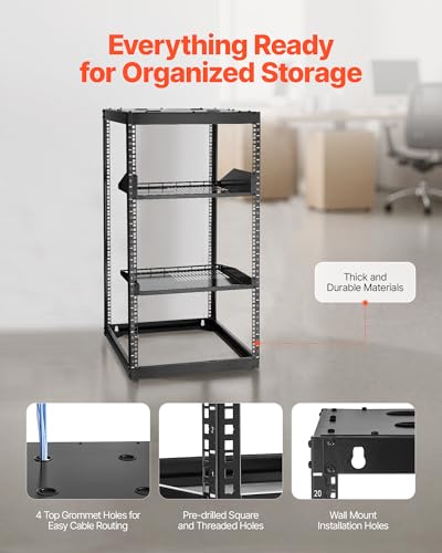 VEVOR 20U Server Rack, Open Frame Network Rack,4-Post Floor Standing or Wall Mounted, Includes 2PCS Vented 1U Rack Shelves & Mounting Hardware, Computer Wall Rack for 19" IT/AV Equipment - size: 20U Server Rack