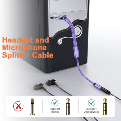 ABCPOW Headphone Mic Splitter for Computer PC Laptop, 3.5mm Female to 2 Dual Male Microphone Y Splitter Cord Aux Splitter 1 in 2 Out Audio Stereo Jack Earphones Port Cord Gaming Headset Adapter