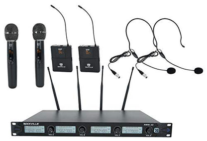 Rockville RWM-4Z Quad Wireless UHF Handheld/Headset Microphone System | 20 Channel, 2 Handheld Mics, 2 Headsets, 2 Bodypacks, Rack Mount Receiver, XLR Outputs, 400 Ft Range, 10-Hour Battery