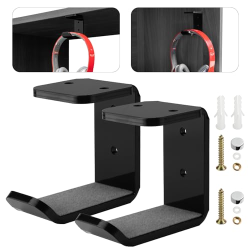 Cosmos 2 Pcs Headphone Hanger Mount Under-Desk Headset Hanger Hook Earphone Holder Wall Mount Hooks with Adhesive Tape & Screw Set Compatible with PC Gaming DJ Headset, Acrylic (Solid Black) - color: Solid Black