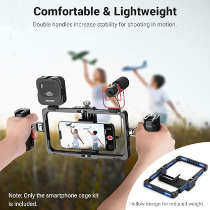 NEEWER Upgraded Phone Rig Vlogging Kit, Video Stabilizer with Dual Handle, Wireless Mic Clip Slot for TikTok YouTube, Compatible with SmallRig iPhone 17 Pro Max 16 16e 15 Galaxy S25 Ultra, PA009 - style: PA009