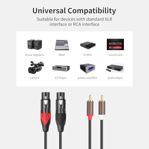 RCA to XLR HiFi Audio Cable 16 Feet, 2 RCA Male to 2 XLR Female, Black with Red/Black Tail, 4N OFC Wire and Gold-Plated Conductors for Amplifier, Mixer, Microphone - size: 16FT, style: 2 RCA Male to 2 XLR Female