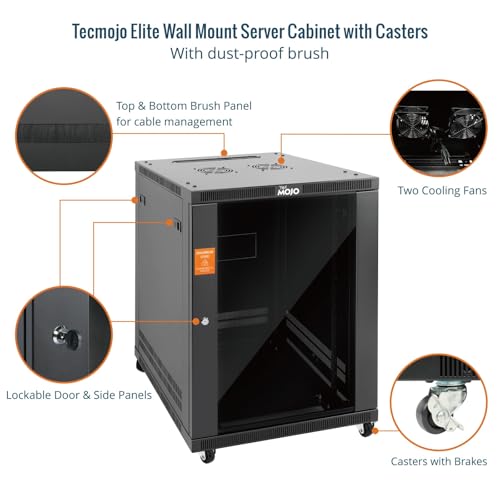 Tecmojo 15U Wall Mount Rack,15U Rack 23.6 Inch Depth,Hold Up to 176 Lbs,Enclosed Wall Mount Rack with 2 Colling Fans,for 19 Inch Network,Server and AV Gear,Glass Door(Elite Collection) - size: 15U/23.6in Depth/Glass Door