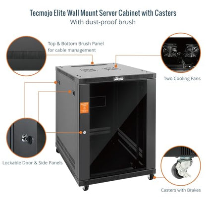 Tecmojo 15U Wall Mount Rack,15U Rack 23.6 Inch Depth,Hold Up to 176 Lbs,Enclosed Wall Mount Rack with 2 Colling Fans,for 19 Inch Network,Server and AV Gear,Glass Door(Elite Collection) - size: 15U/23.6in Depth/Glass Door