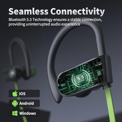 JOYWISE Bluetooth Headphones, Wireless Earbuds IPX7 Waterproof for Gym | Bluetooth 5.3 Headphones with 16Hrs Playtime Stereo Bass Headsets with Mic Running Headsets with Earhooks for Sports Running - color: Green