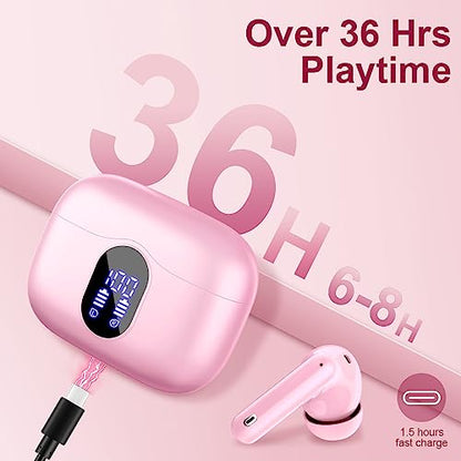 Btootos Wireless Earbuds Bluetooth 5.4 Headphones Bass Stereo Ear Buds with Noise Cancelling Mic LED Display in Ear Earphones IP7 Waterproof 36H Playtime for Laptop Pad Phones Sports Workout Pink | Ear Buds with Noise Cancelling Mic LED Display, 36H, IP7