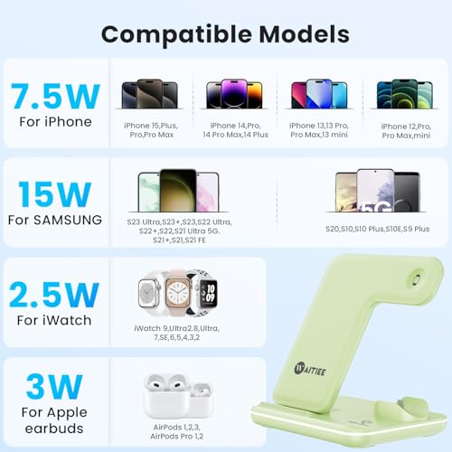 WAITIEE Wireless Charger 3 in 1, 15W Fast Charging Station for Apple Watch 9/8/Ultra 2/Ultra/SE/7/6/5/4/3/2, for AirPods 3/2/1/Pro/Pro 2, for iPhone 15/14/13 /Plus/Pro/Pro Max/12/11/X/Xr/XS/8 (Green) - color: Mint Green