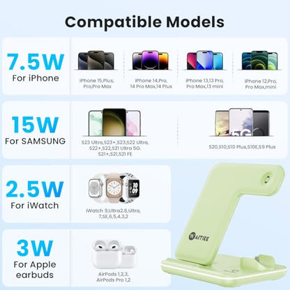 WAITIEE Wireless Charger 3 in 1, 15W Fast Charging Station for Apple Watch 9/8/Ultra 2/Ultra/SE/7/6/5/4/3/2, for AirPods 3/2/1/Pro/Pro 2, for iPhone 15/14/13 /Plus/Pro/Pro Max/12/11/X/Xr/XS/8 (Green) - color: Mint Green