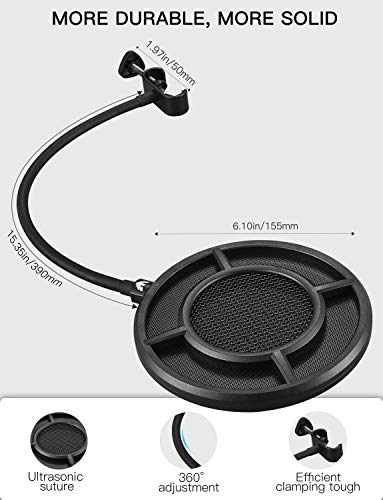Mic Pop Filter, Professional Metallic Mic Pop Filter Mesh for Blue Yeti and Any Other Mic, ARISEN Dual Layered Microphone Pop Filter, Mic Filter with A Flexible 360° Gooseneck Clip Stabilizing Arm