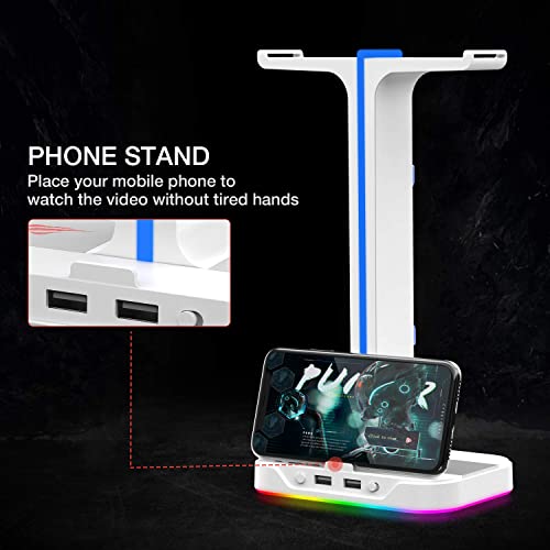 havit RGB Gaming Headphone Stand Desk Dual Headset Hanger Base with Phone Holder & 2 USB Ports for Desktop PC Game Earphone Accessories, White (Renewed)