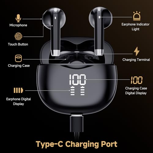 Wireless Earbuds, Bluetooth 5.4 Stereo, 35H Playtime, Balanced Sound | Clear Calls, 13mm Drivers, Dual Mics, Digital Display, Touch Control, IPX5 Waterproof, In-Ear for iOS/Android