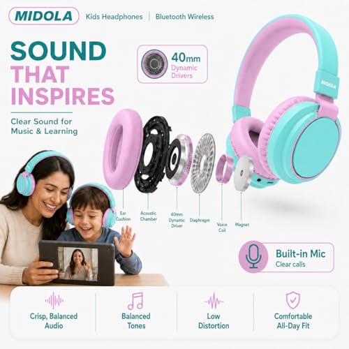 Kids Bluetooth Headphones Wireless 68 Hours,Safe Volume Limit 85/94dB | Adjustable Headband Foldable Over-Ear Lightweight Headsets for Toddler Girls Boys Tablet/iPad,HD Stereo,Built-in Mic,Cyan - color: Cyan