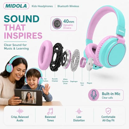 Kids Bluetooth Headphones Wireless 68 Hours,Safe Volume Limit 85/94dB | Adjustable Headband Foldable Over-Ear Lightweight Headsets for Toddler Girls Boys Tablet/iPad,HD Stereo,Built-in Mic,Cyan - color: Cyan