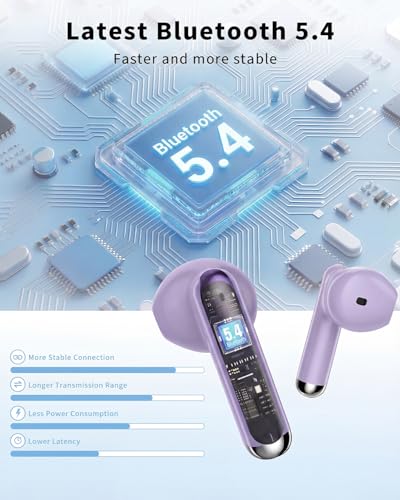 Wireless Earbuds, 2026 Bluetooth 5.4 Headphones Bass Stereo Ear Buds with Noise Cancelling Mic, LED Display in Ear Earphones 50H Playtime Ear Buds, IP7 Waterproof for Laptop Pad Phones Deep Purple - color: Deep Purple