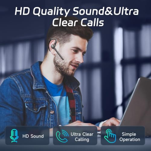 Wireless Headset Bluetooth Earpiece with Dual Noise Canceling Single Earbud | Hands Free Headphones Ear Earphone Over Ear Earbud for iPhone Samsung Android Cellphones TV PC Trucker Game Work Driving
