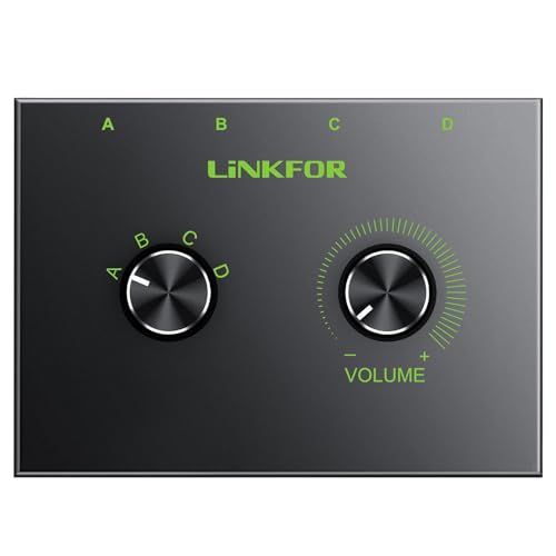 LiNKFOR 4 Port 3.5mm Stereo Audio Switch, 4 Way Stereo Audio Selector, 4 Input 1 Output / 1 Input 4 Output Audio Splitter with Volume Control and 4 Channel Switch Knob - size: 4 Ports 3.5mm