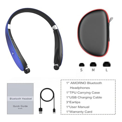 AMORNO Foldable Bluetooth Headphones Wireless Neckband Headset with Retractable Earbuds, Sports Sweatproof Noise Cancelling Stereo Earphones with Mic (Blue) - color: Blue