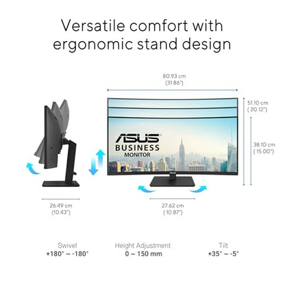 ASUS 34” Curved USB-C Docking Monitor (VA34VCPSR) - WQHD (3440x1440), 1500R Curvature, Frameless, USB-C PD 96W, RJ45, USB hub, Eye Care, Ergonomic, VESA Wall Mountable, 3 yr Warranty - style: 34" WQHD Docking Ergo