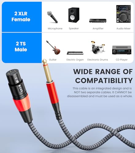 Dual 1/4 inch TS Male to Dual XLR Female Cable, 3.3FT | Nylon Braided 2 XLR Female to Dual 6.35mm TS Mono Y Splitter, Gold-Plated Audio Patch Cable for Speaker Mixer Microphone - size: 3.3FT