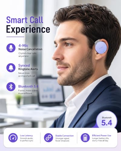 On Ear Headphones Bluetooth 5.4, Noise Cancelling Open Ear Headphones Wireless, Water-Drop Shaped Clip On Sport Headset Bluetooth with 4 Microphone, Comfort Fit Earphones with Long Battery Life - color: Light-Lavender