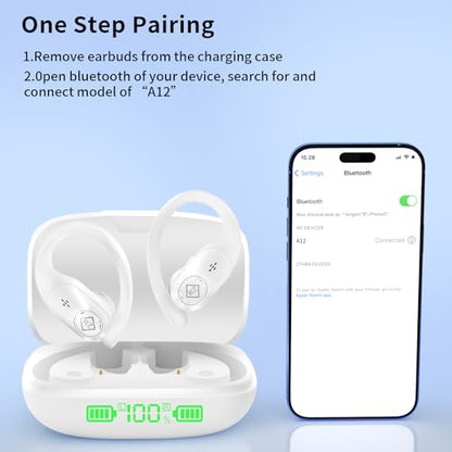 Wireless Earbuds with Ear Hooks 96H Playtime for iPhone Android | LED Display Deep Bass Stereo Sound Built in Mic Sweat Resistant Design Low Latency Mode for Sports Gaming - color: White
