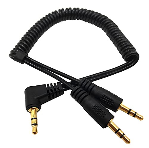Stereo Audio Splitter Cable, Coiled 90 Degree 3.5mm Male to 2 Male Spring Headphone Y Splitter Cable for Home/Car, Phone, Headset and Speakers - color: 90 degree 3.5mm 1 male/2 male