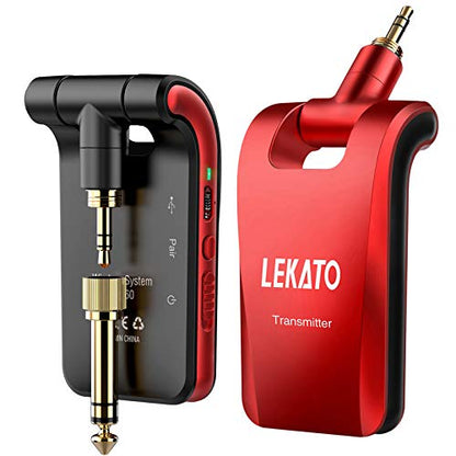 LEKATO 2.4GHz Wireless Guitar System - 6 Channels Rechargeable Wireless Transmitter & Receiver for Guitar & Bass, Stereo & Mono 1/4' & 1/8' 2 in 1 Plugs (Black & Red) - color: red