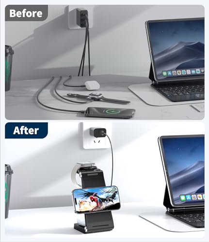 Magnetic Wireless Charging Station, 3 in 1 Fast Max Charging for iPhone 17 16 15 14 13 12 Pro Max Plus, Apple Watch, Air Pods Pro - Space-Saving Multi-Device Stand (Black)
