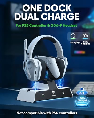 NUBWO G06 Pro Wireless Gaming Headset with Charging Station for Headset & PS5 Controller, 17ms Low Latency, 120H Battery Life, Dynamic 50mm Drivers-White (Only Compatible with PS5) - color: white black