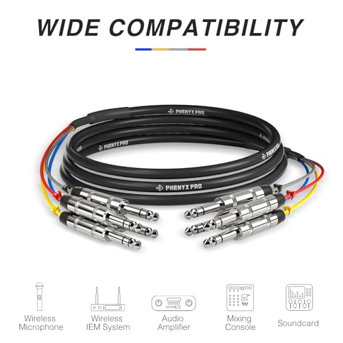 Phenyx Pro 4-Channel 1/4-Inch TRS Snake Cable 10 ft PCBL-QR4IN1-10 | 4-in-1 Color-Coded Design, 24 AWG OFC Copper, Balanced TRS to TRS, Guitar, Bass, Amp - size: 10 Feet