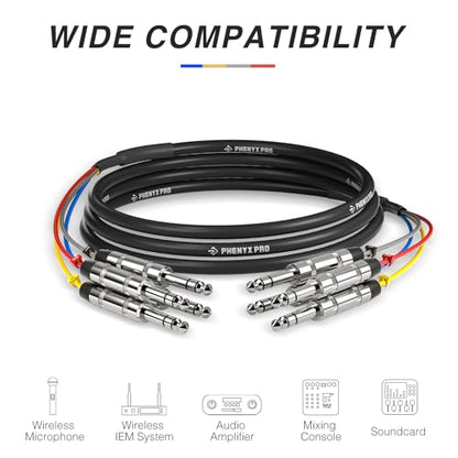 Phenyx Pro 4-Channel 1/4-Inch TRS Snake Cable 10 ft PCBL-QR4IN1-10 | 4-in-1 Color-Coded Design, 24 AWG OFC Copper, Balanced TRS to TRS, Guitar, Bass, Amp - size: 10 Feet