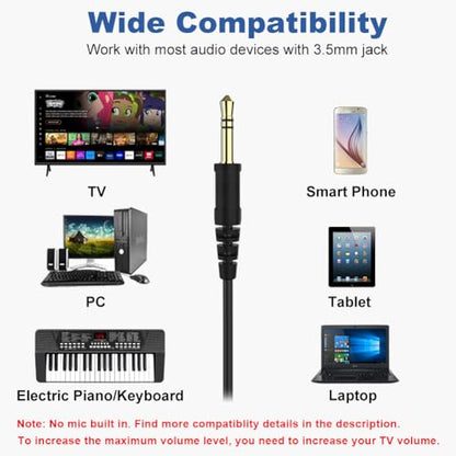 Joysico 19.5Ft / 6M Extra Long Cord Headphones for TV PC w Volume Control | Spring Coiled Cable, RCA Adapter, 3.5mm Wired Plug & Play, Comfortable Headset Over Ear Earphones for Seniors Hard of Hearing