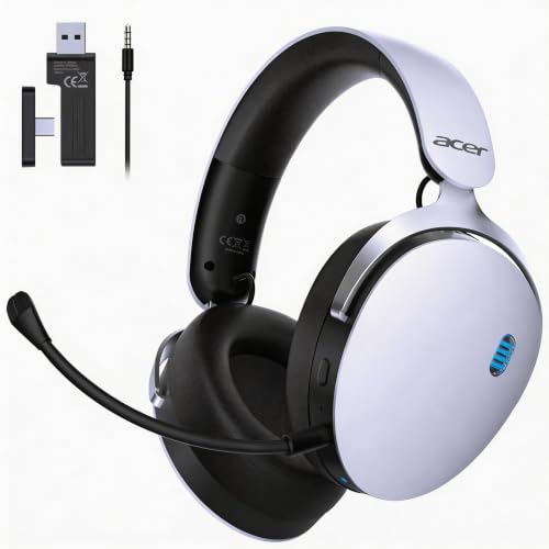Acer Gaming Headset with Aluminum Frame for PS5, PS4, PC, Switch - White | Tri-Mode(2.4GHz/Bluetooth/Wired) Gaming Headphones with ENC Mic, Stereo Sound, 40H Battery, Blue Light Indicator, 50mm Driver - color: White