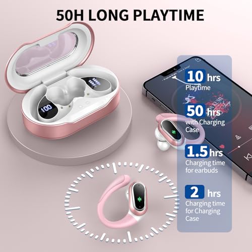 Wireless Earbuds, 2026 New Bluetooth 5.4 Headphones Sport, 60H+ HiFi Stereo | Deep Bass Over-Ear buds, ENC Noise Cancelling Mic, IP7 Waterproof & LED Display Earphones, Earhooks, for Workout, Running - color: comb Pink