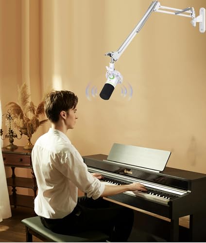 White Mic Wall Mount and Microphone Boom Arm Desktop Clamp Stand compatible with Shure FIFINE Blue Yeti,Razer,HyperX Mic Kit for Broadcasting, Podcasts,Streaming and Gaming