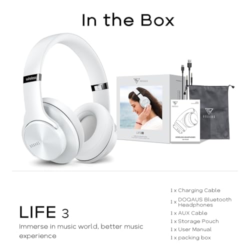DOQAUS Bluetooth Headphones Over Ear, 90H Playtime, 3EQ Mode, with ENC Mic | Hifi Stereo Sound, Lightweight, Headphones Wireless with Soft Memory Foam Earpads, Deep Bass for Home Office Cellphone PC - color: White