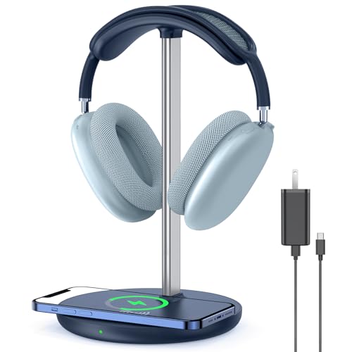 Hiwe Headphone Stand with Wireless Charger, Headset Holder for Desktop | 2 in 1 Charging Station for iPhone, Samsung, AirPods and Desk All Headphones, Aluminum Support Rod, Heavy Base, Navy Blue - color: Navy Blue
