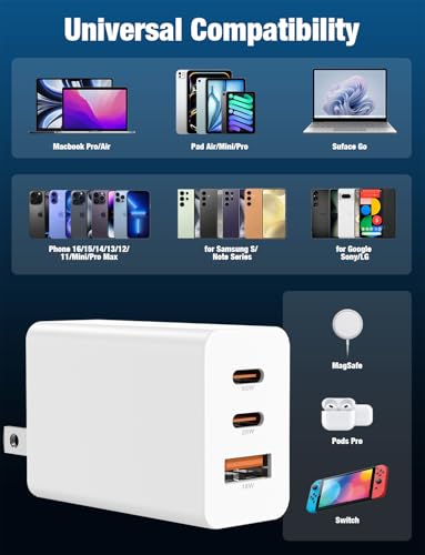Hzevn 2Pack 85W USB C Wall Charger Block, 3-Port USB C Charging Adapter,Multi Super Fast Charging Power Plug Cube for MacBook Pro/Air,i-Pad Pro,i-Phone 17/16/15, Galaxy S25,and More-White - color: White+White