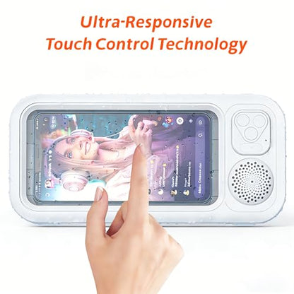 Shower Phone Holder with Wireless Bluetooth Speaker, Waterproof Shower Phone Mount, 360° Rotation, Waterproof Case for Bathroom, Sensitive Touchscreen Case Stand
