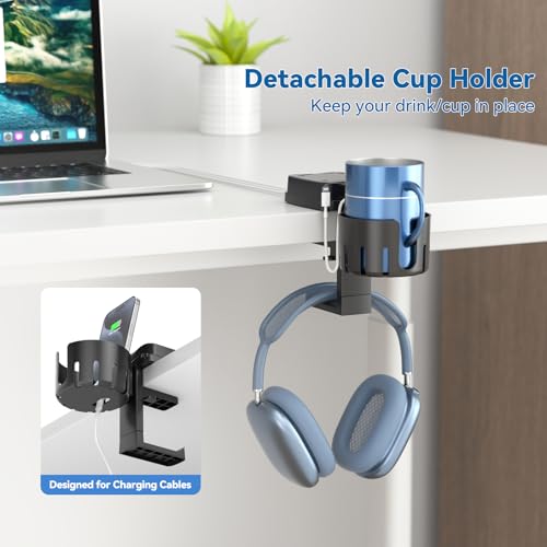 KDD 3 in 1 Headphone Hanger with Cup Holder - Rotatable Headset Hook & Desk Cord Organizer - Suitable for Coffee Mups, Water Cups, Headphone, Charging Cables, Home & Office