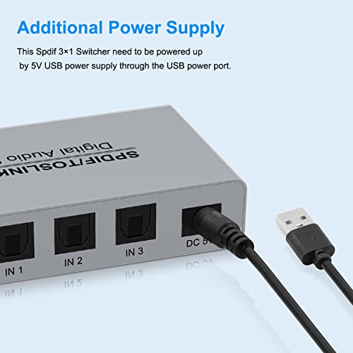 3 Port Digital Toslink Optical Fiber Audio Switch Splitter 3X1 (3 in 1 Out),3 Port Spdif Toslink Optical Switch for TV PS5 PS4 PS3 Xbox Blue-Ray DVD HDTV with Optical Cable