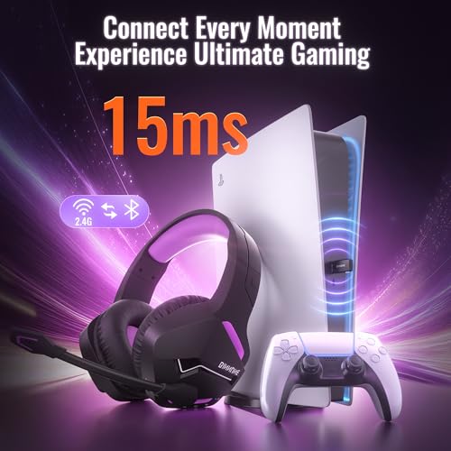 BINNUNE 2.4GHz Wireless Gaming Headset, Bluetooth 5.3 Gaming Headphones with Noise Canceling Mic, 120H Ultra-Long Battery, 50mm Drivers, Multi-Platform for PC / PS5 /PS4/ Switch/Mobile, Purple - color: Purple