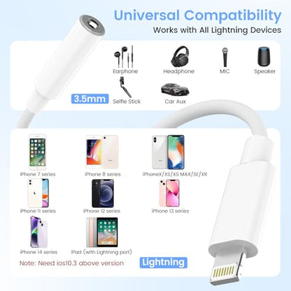 Apple MFi Certified Lightning to 3.5mm Headphone Jack Adapter 2 Pack with Microphone – Hi-Fi Audio Dongle Aux Converter Cable with DAC Chip Earphones Adapter Compatible with iPhone 14/13/12/11/XR/8/7