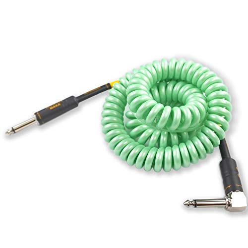 Premium Guitar Coil Cable 20 Feet, Instrument Coiled Curly Cord for Guitar Bass, 1/4 inch Right Angle to Straight, Surf Green - size: 20' (Surf Green)