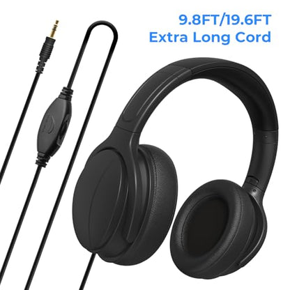 Extra Long Cord TV Headphones with Volume Control for Seniors - size: 9.6FT Black without Microphone