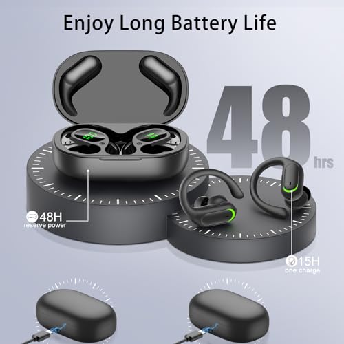 Wireless Earbuds, Sports Bluetooth 5.4 Headphones, Digital Display, Bass Sound 60Hrs Playtime, Over-Ear Hook with Mic, Fast Charging Digital Display IPX7 Waterproof Earphones for Running/Sports