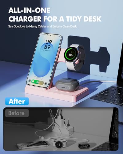 3-in-1 Charging Station for Samsung, Foldable Wireless Charger Stand | Android Phone and Watch Charger for Samsung S26/S25/S24/S23/S22/S21, Note 20/10, Z Fold 6/5, Galaxy Buds and Watch-Pink - color: Pink