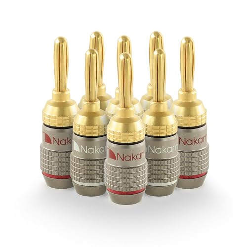Nakamichi FanLock Excel Series 24k Gold Plated Banana Plugs, 10-18 AWG | Gauge Size 4mm for Speakers Amplifier Hi-Fi Stereo Radio AV Receiver Audio Wire Cable Quick Connector, 8 Pcs (4-Pairs) - size: 8 Pcs (4-Pairs)